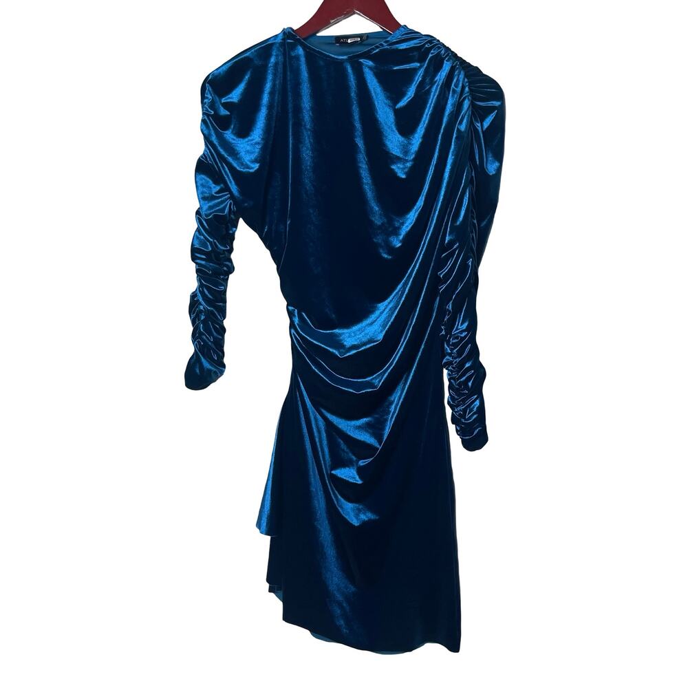 Atlein Blue Velvet Ruched Long Sleeve Mini Dress sz 42 XL - Picture 3 of 9